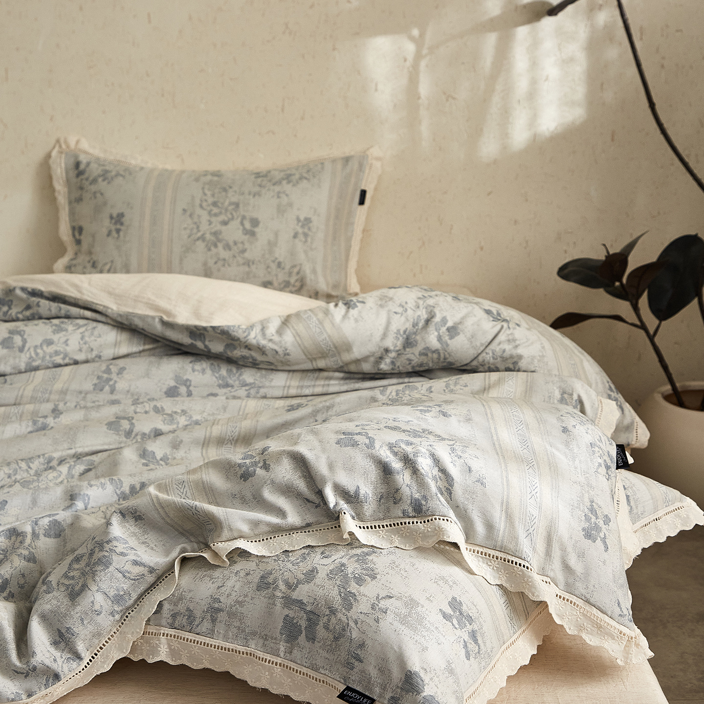 Cotton-linen bedding set, 4-piece, floral pattern