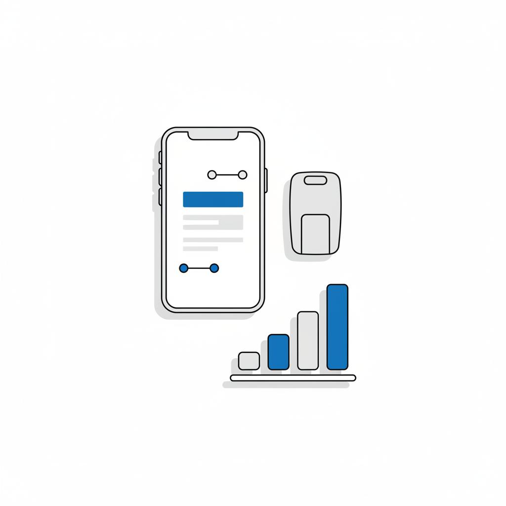 Minimalist 2D vector of a phone showing a simplified vehicle history report beside an XC90 key fob and a simple pricing chart illustrating xc90 volvo price