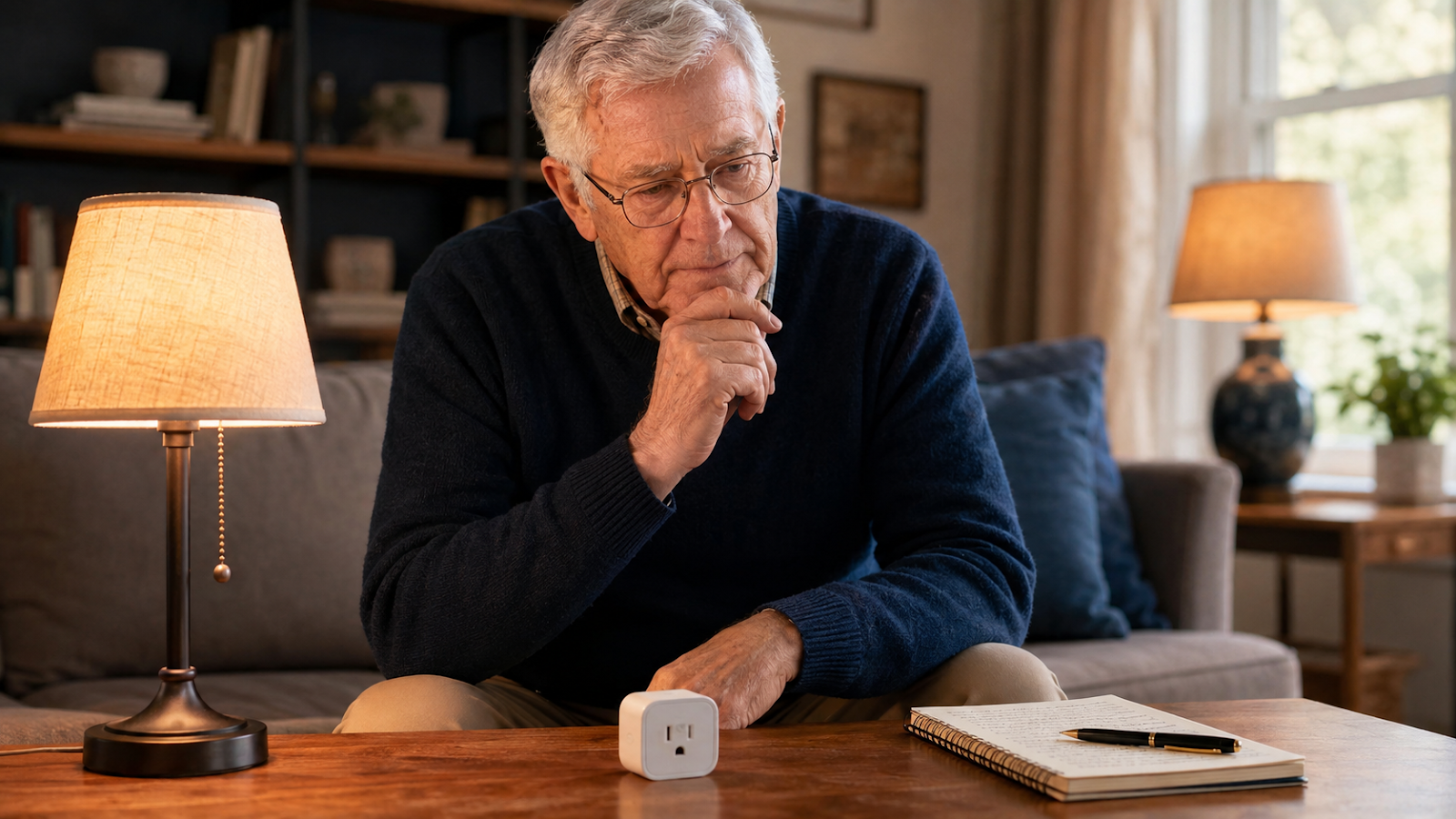 An older man calmly considers a table lamp, a removable smart plug, and a notebook while choosing one useful smart-home improvement to keep.