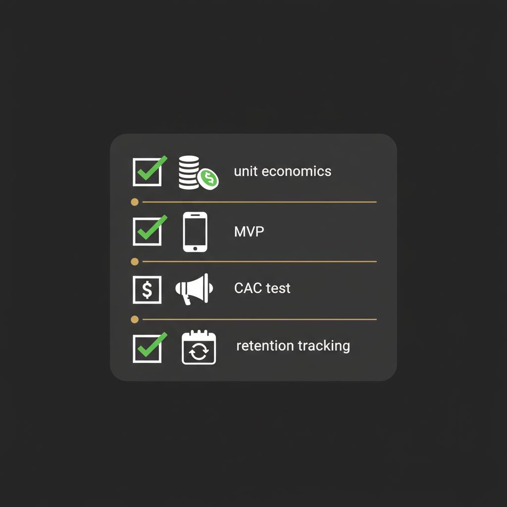 Minimalist 2D vector checklist illustrating validation steps for passive income business ideas icons for unit economics MVP CAC test and retention tracking
