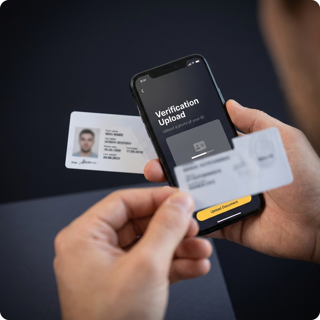 Close up of hand holding ID card and mobile phone showing generic verification upload screen for account verification in Funded Plays style circa sports betting
