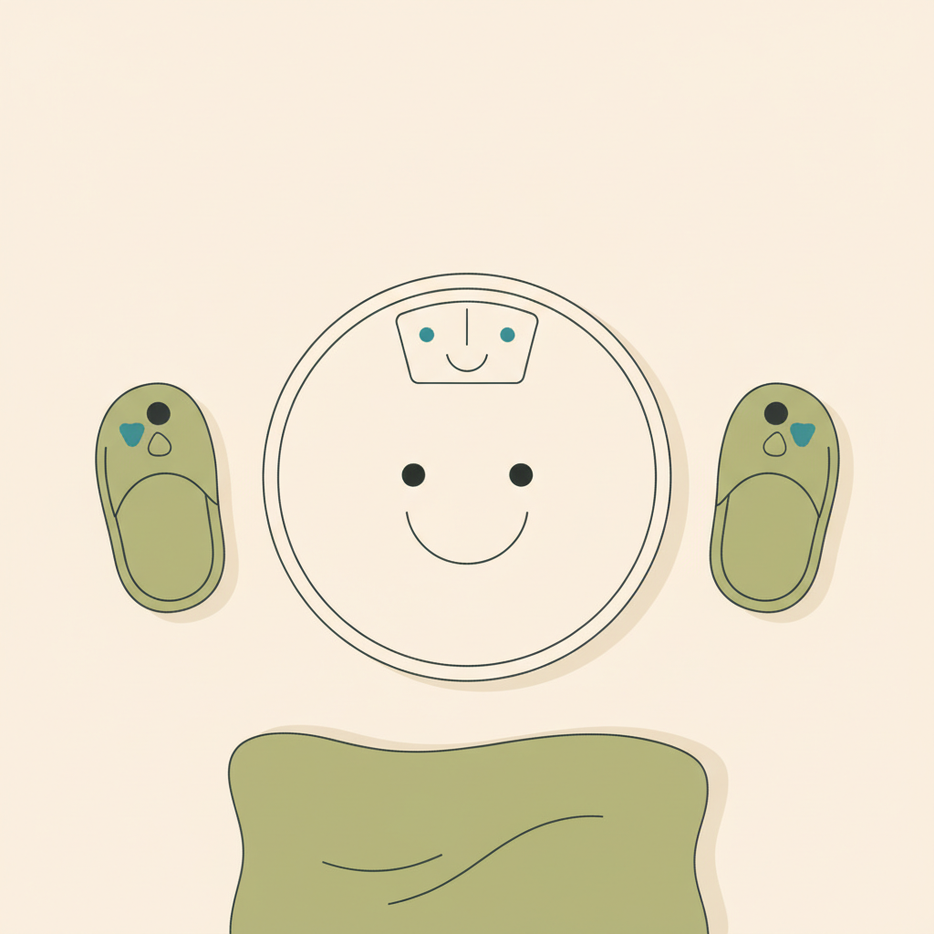 Waage mit Smiley-Display zwischen warmen Hausschuhen und kuscheliger Decke in Markenfarben, symbolisiert positiven Alltag für Muskelaufbau ab 40.