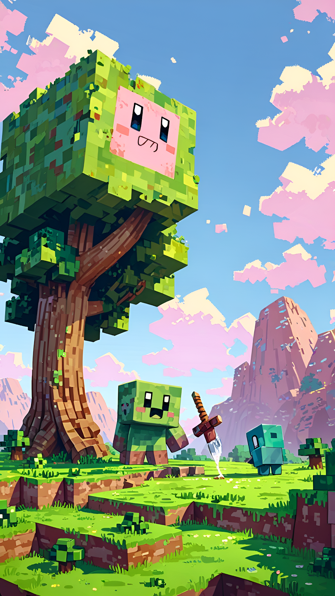 Pixel Art Tree with Face and Blocky Characters in Fantasy World - Free 4K mobile Wallpaper