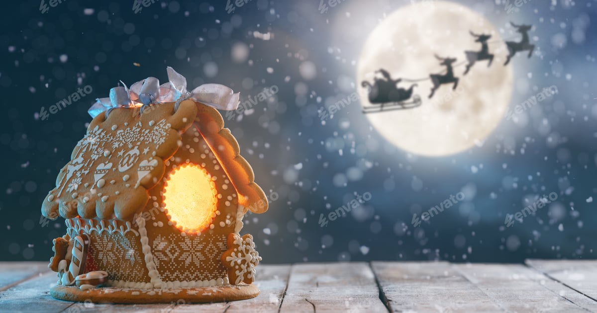 Gingerbread House with Santa Sleigh Over Moon Free Download – Envato Elements