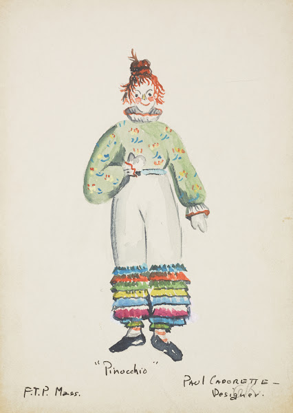 Pinocchio Teal shirt with collar and cuffs White pants with colored ruffles 1934