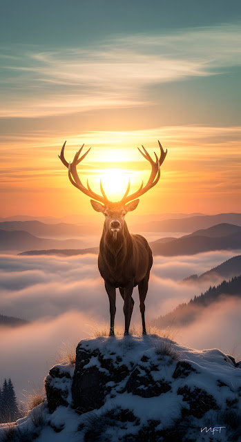 Majestic Red Deer Stag at Sunrise on Snowy Mountain Peak - Free mobile Wallpaper