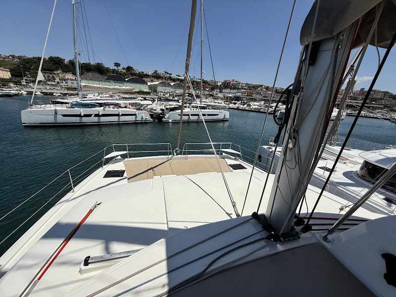 Catamaran bow at golden hour