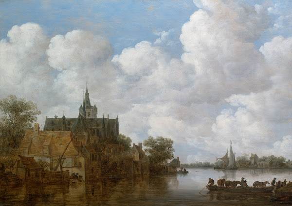River landscape with a ferry and a church 1656
