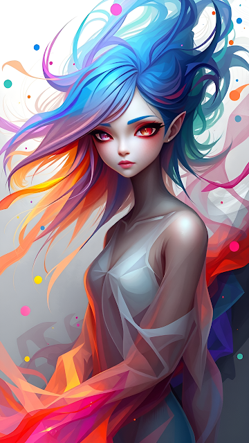 Fantasy Woman with Rainbow Hair and Glowing Red Eyes - Free mobile Wallpaper