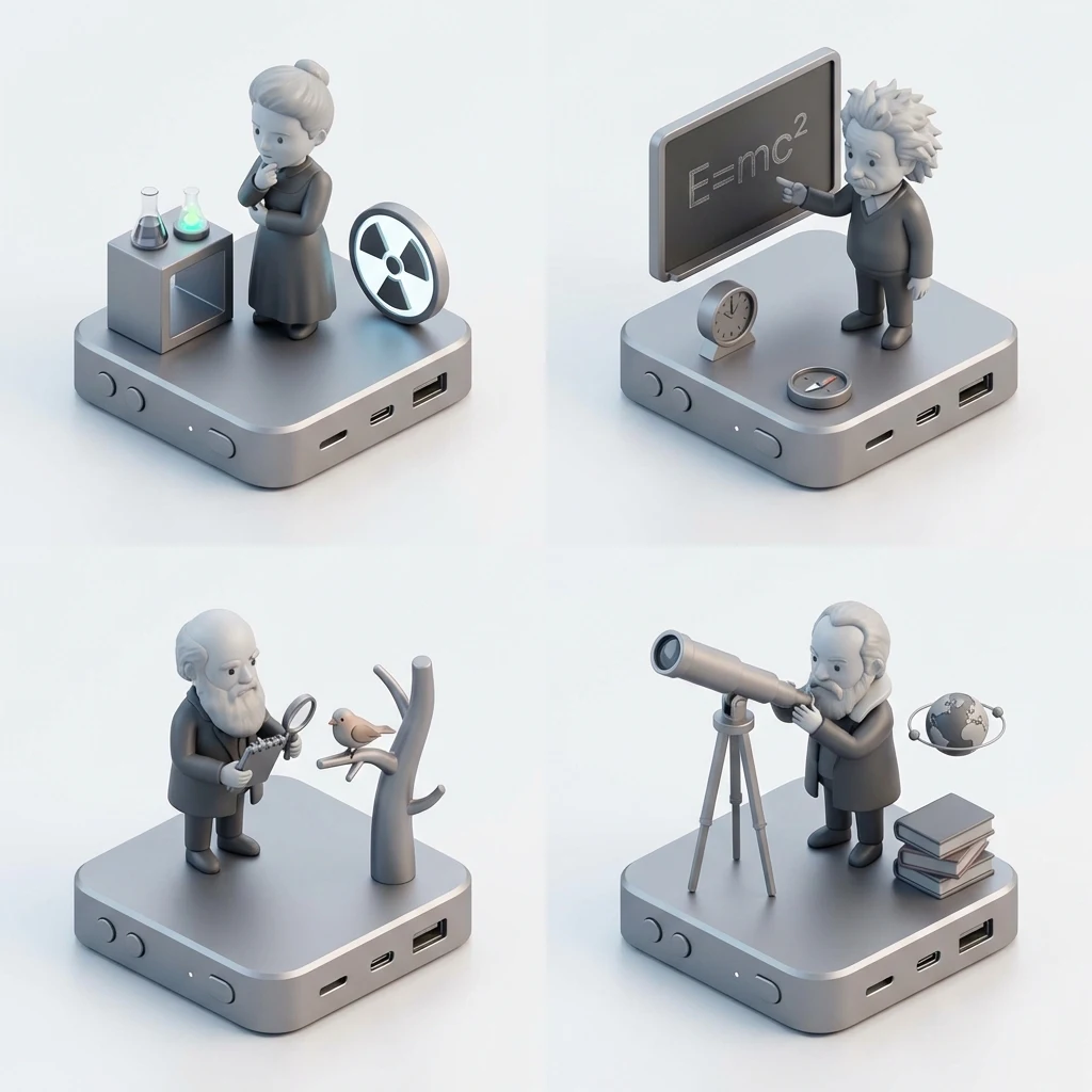 Cuadrícula de 2x2 de científicos famosos en un estilo de modelo 3D único.