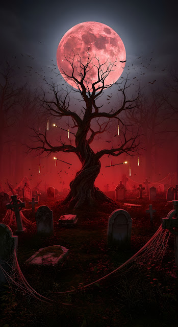 Blood Moon Cemetery Spooky Twisted Tree Art - Free mobile Wallpaper