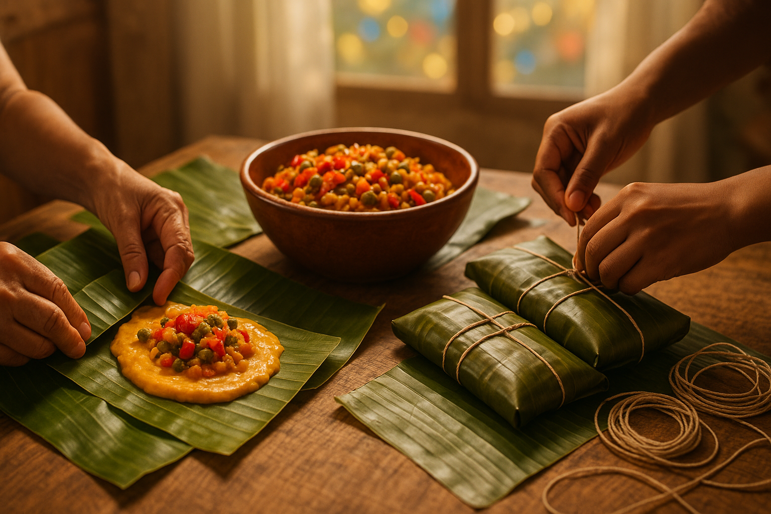 Manos diversas armando hallacas sobre una mesa con hojas de plátano y guiso