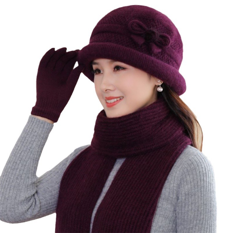 Knitted hat with scarf and gloves, women's, winter