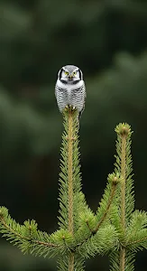 Northern Hawk Owl Perched Pine Tree Wildlife Portrait