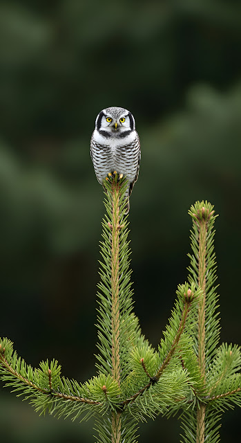 Northern Hawk Owl Perched Pine Tree Wildlife Portrait - Free mobile Wallpaper