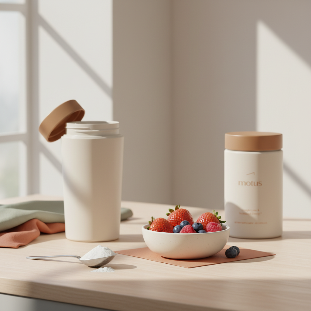 what is the healthiest protein shake to buy? Minimalist still life of a shaker with open lid, bowl of mixed berries, spooned protein powder and Tonum Motus jar in soft natural light.