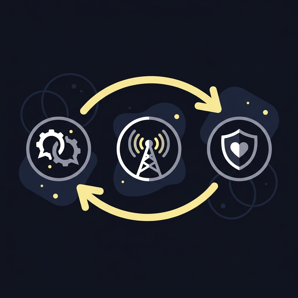 Minimal 2D vector showing three flat icons for negotiate signal and care connected by arrows illustrating reverse line movement on a dark Funded Plays style background