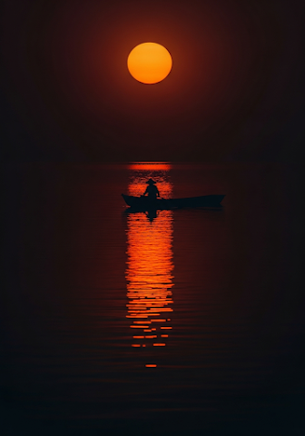 Lone Boatman Supermoon Silhouette
