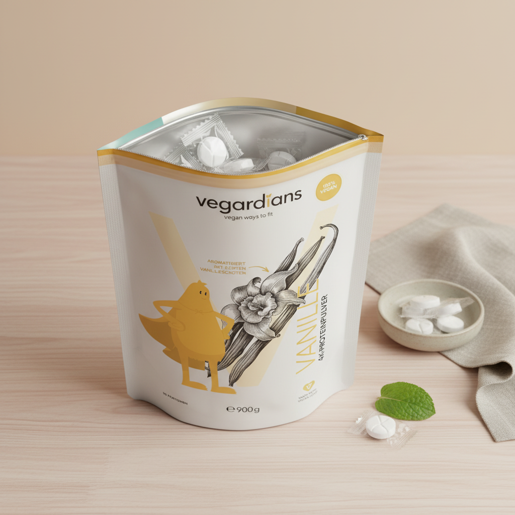 Nahaufnahme offener Dose mit einzeln portionierten zuckerfreien Pastillen auf hellem Holztisch, minimalistisches Vegardians-Setting in Brand-Farben – kalorienärmste Süßigkeit