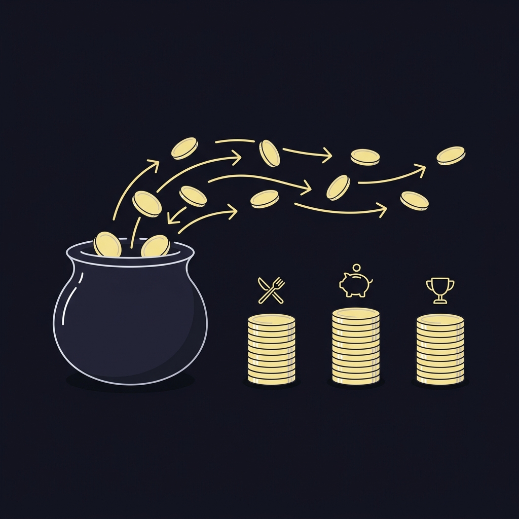 Minimal flat 2D vector of coins flowing from a central pooled pot into three icon topped stacks representing takeout net pool and winners for a trifecta winnings calculator