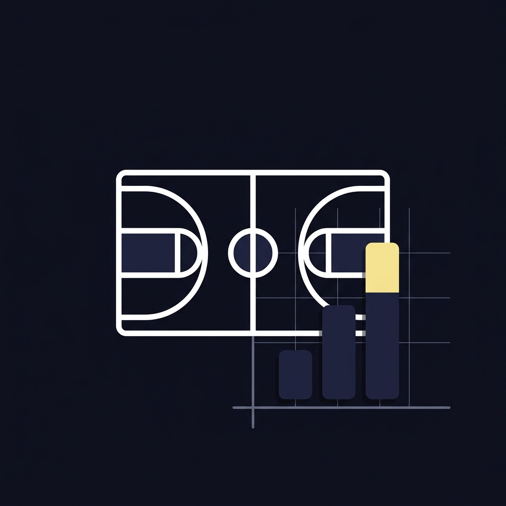 Minimalist 2D vector of a basketball court icon and ascending bar chart in Funded Plays colors on a dark background representing bucks prediction and game forecast