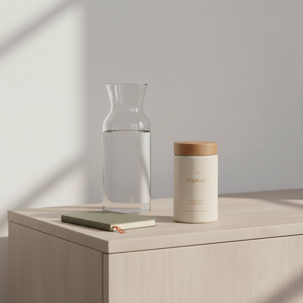 Minimalist bedside scene with Motus supplement jar on a neutral table next to a water carafe and notebook, illustrating CLA belly fat support and daily weight-loss routine.