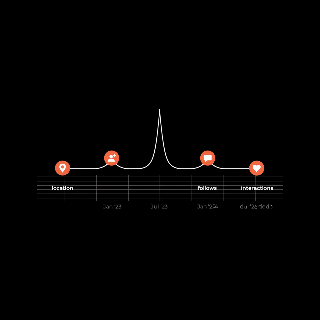 Minimal vector timeline infographic on black background showing sudden spikes labeled location, follows, interactions — is twitter trending the same for everyone