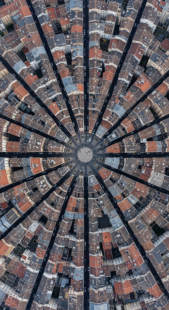 Directly Overhead Aerial View of Radial Street Intersection and City Buildings - Free mobile Wallpaper