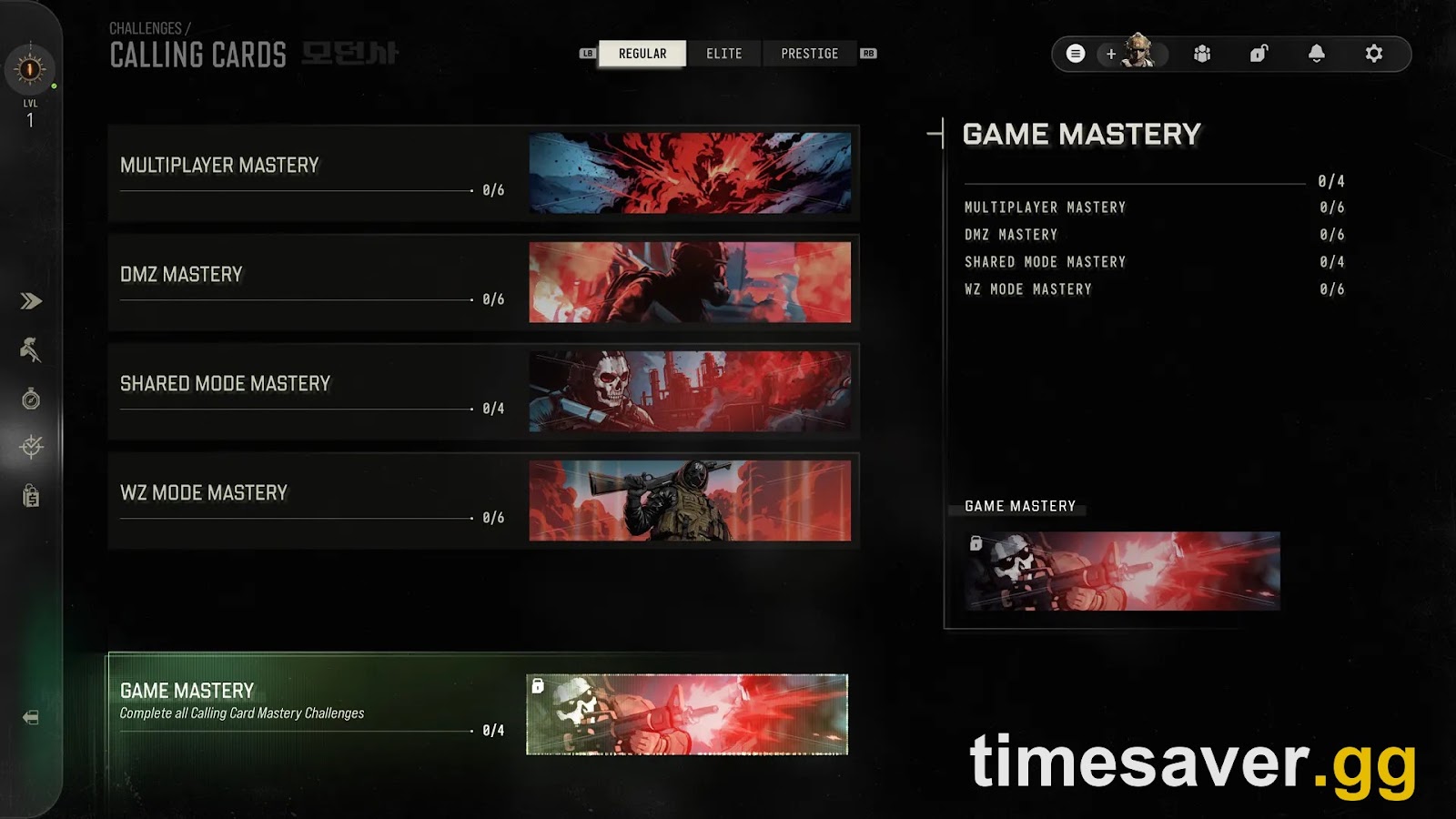 Modern Warfare 4 Career Challenges menu showing Multiplayer, DMZ, Shared Mode and Warzone mastery progress counters