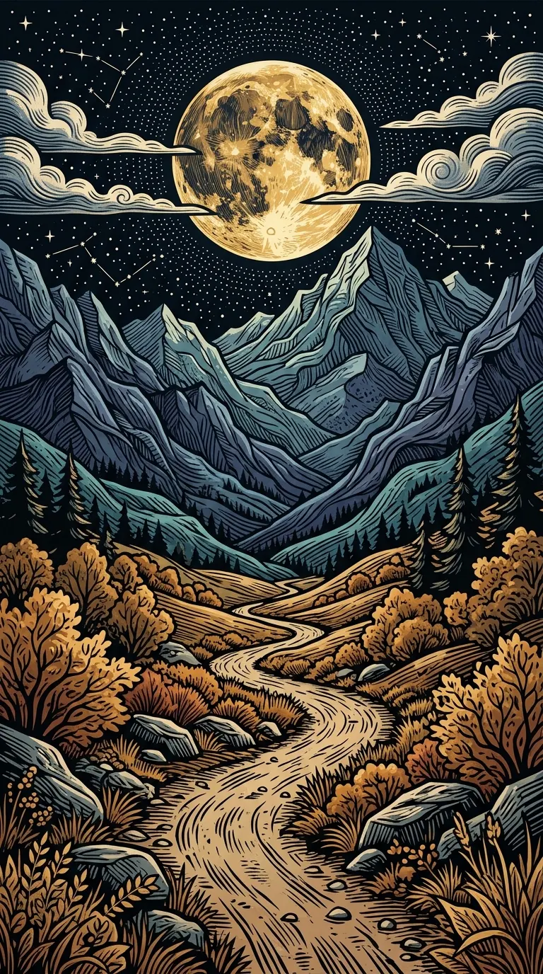 Woodcut Style Mountain Path under Full Moon and Stars - Free 4K mobile Wallpaper