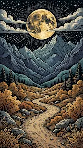Woodcut Style Mountain Path under Full Moon and Stars
