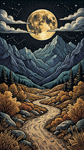 Woodcut Style Mountain Path under Full Moon and Stars - Free mobile Wallpaper