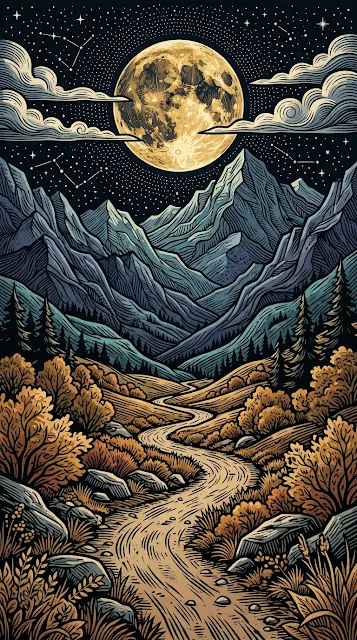 Woodcut Style Mountain Path under Full Moon and Stars
