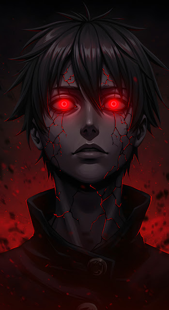 Dark Anime Portrait with Glowing Red Eyes and Cracked Skin - Free mobile Wallpaper