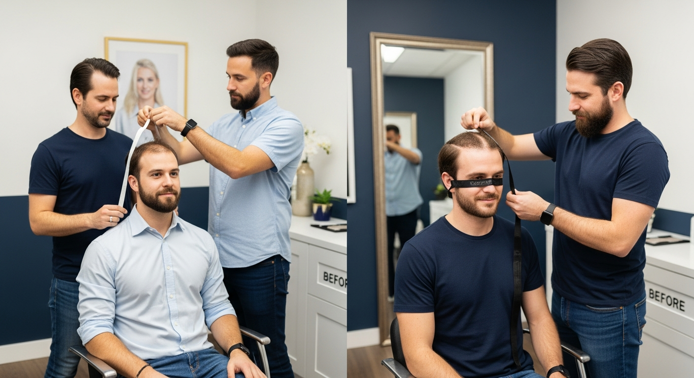 A hair specialist measures a client's head with a measuring tape in two stages during a hair replacement consultation.