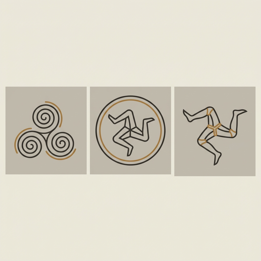 Minimalist 2D vector comparison grid of Neolithic triple spiral Sicilian coin triskelion and Manx triskelion emblem on Aurora Antiqua palette triskelion ring meaning