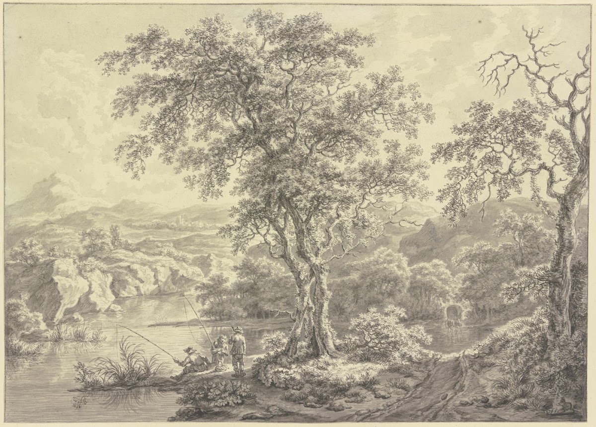 Vom Wald Umgebenes GewäSser In Bergiger Landschaft Im Vordergrund Angler Im Mitt