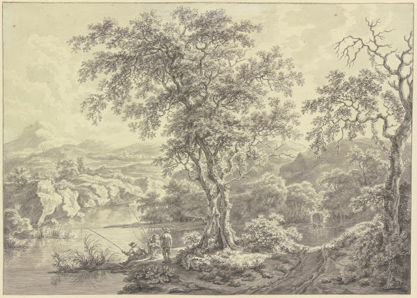 Vom Wald Umgebenes GewäSser In Bergiger Landschaft Im Vordergrund Angler Im Mitt