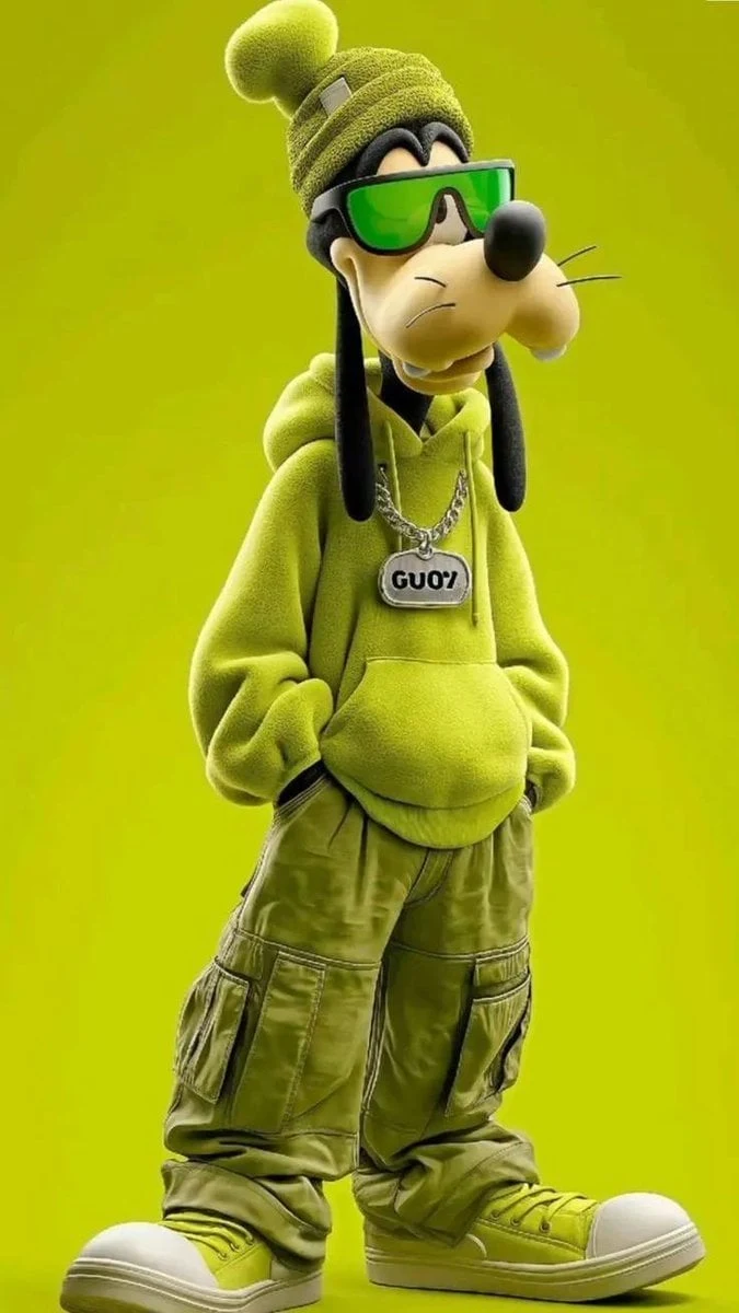 Personaje de perro de dibujos animados antropomórfico estilizado en 3D de cuerpo completo que viste ropa urbana moderna, verde neón extragrande...