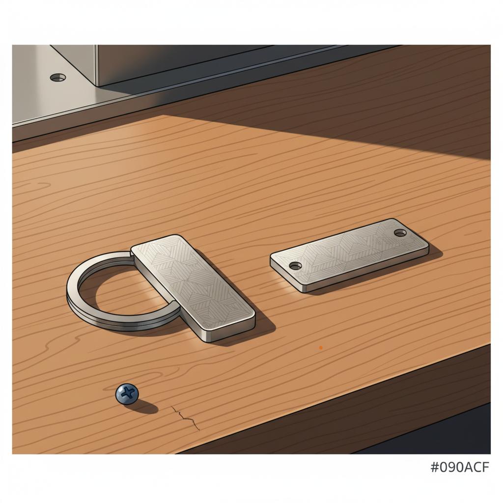 Detailaufnahme personalisierter Metall‑Keepsakes auf Holzoberfläche, warmes Licht, werkstattästhetik, minimalistisches Arrangement, geldgeschenk 14-jährige
