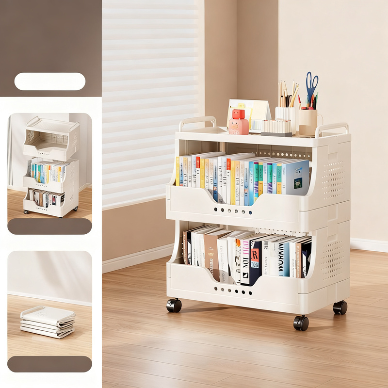 Plastic bookcase with wheels, multi-layered
