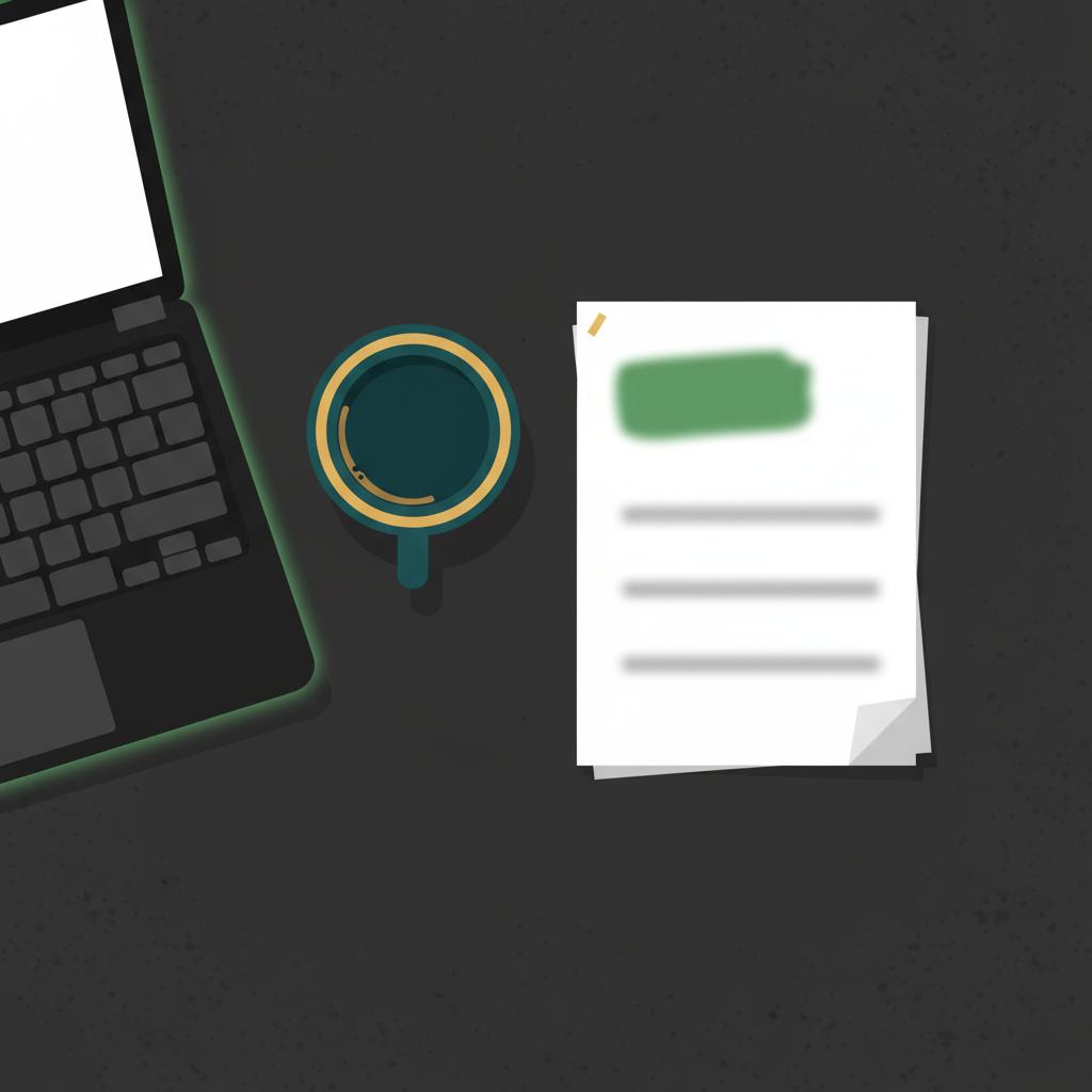 Minimalist 2D vector workspace with laptop keyboard coffee mug and a blurred pre trade checklist on a dark textured table illustrating how to start day trading