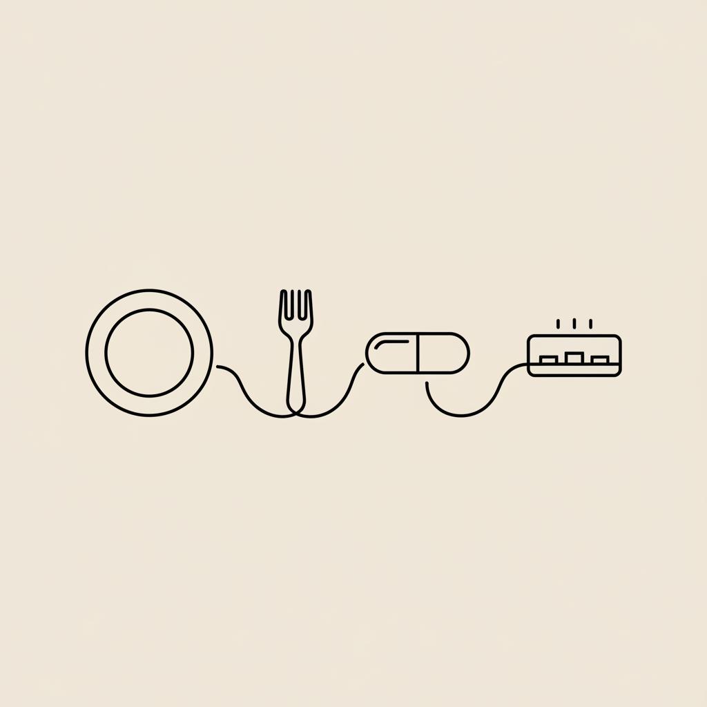 Minimalist line illustration of a plate, fork, capsule and step-tracker connected by a thin line on beige background — How to use ChatGPT as a nutrition coach