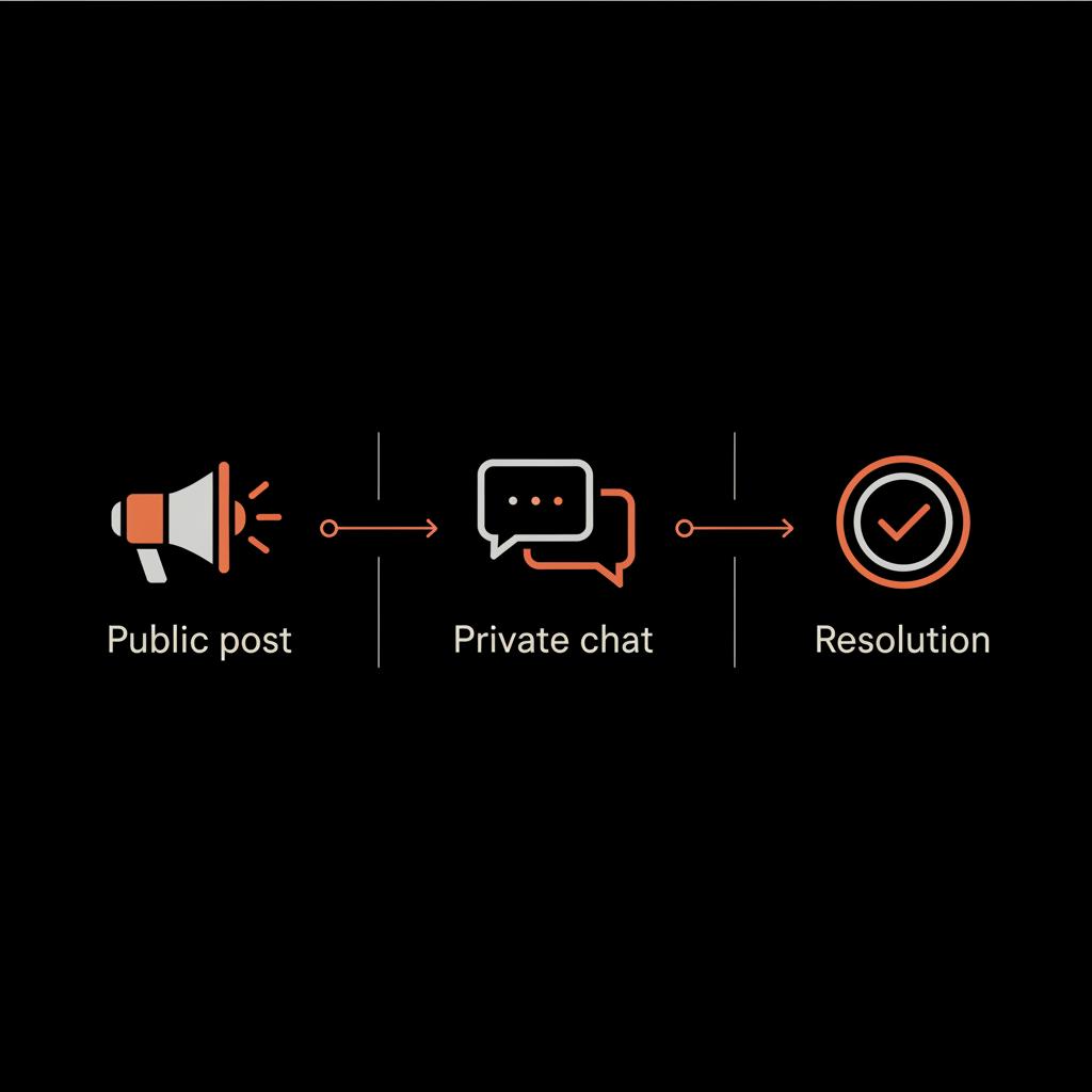 Minimal infographic showing chat flow from Public post to Private chat to Resolution using Social Success Hub brand colors; suitable for the article asking: Can I talk to someone on WhatsApp?