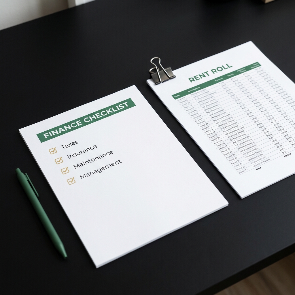 how can i buy a rental property checklist close up with items taxes insurance maintenance management next to a printed rent roll on a dark minimalist background