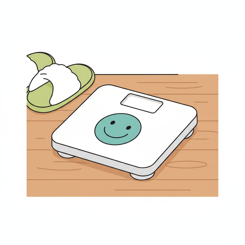 Waage mit lächelndem Smiley-Display auf Holzboden und halb sichtbaren grünen Hausschuhe, freundliche Vektor-Illustration im Vegardians-Stil für Kalorienverbrauch Krafttraining