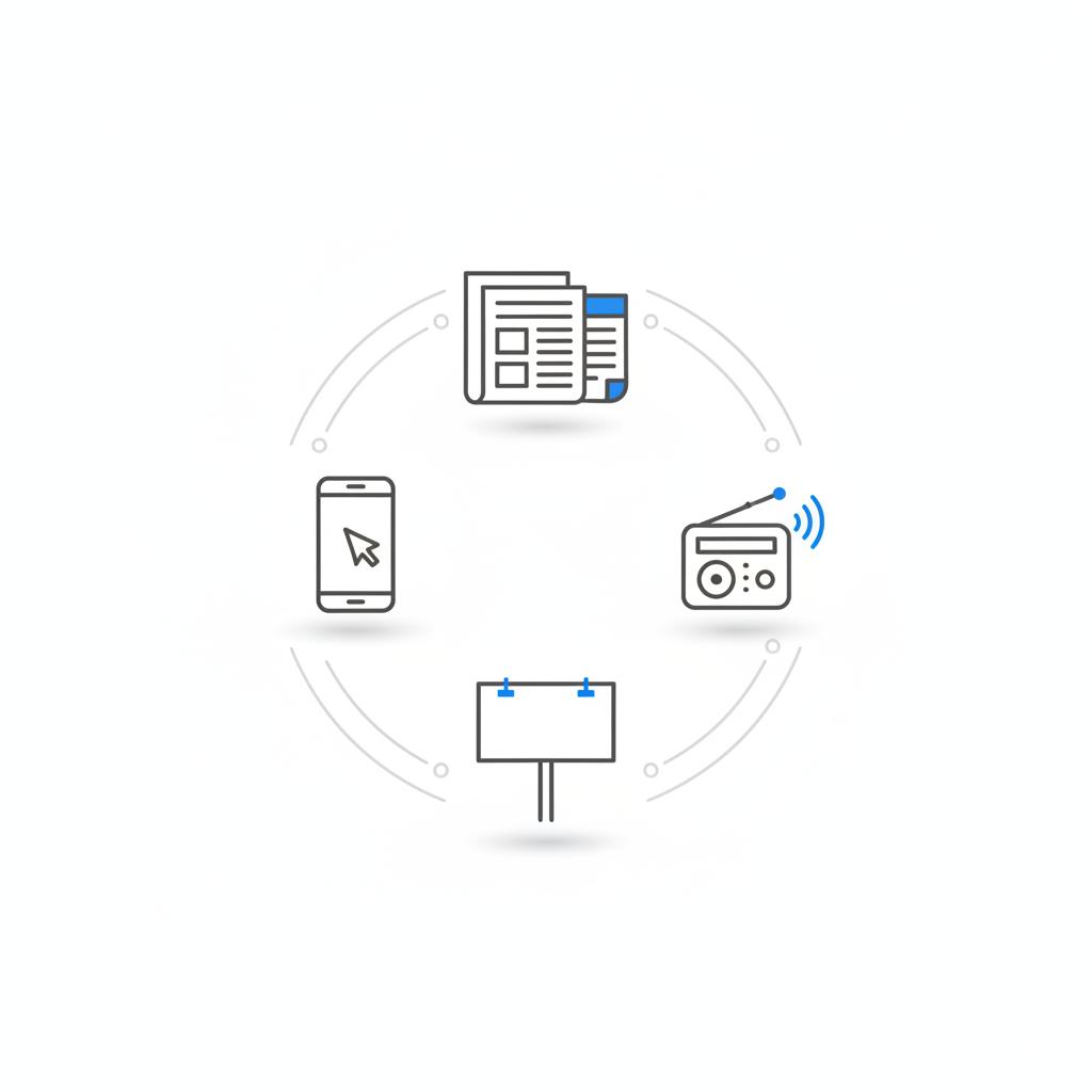 Minimal 2D vector circle of four icons illustrating 4 types of advertising: print, broadcast, out-of-home and digital, line-art in #39383f with #1a5bfb accents on white background.