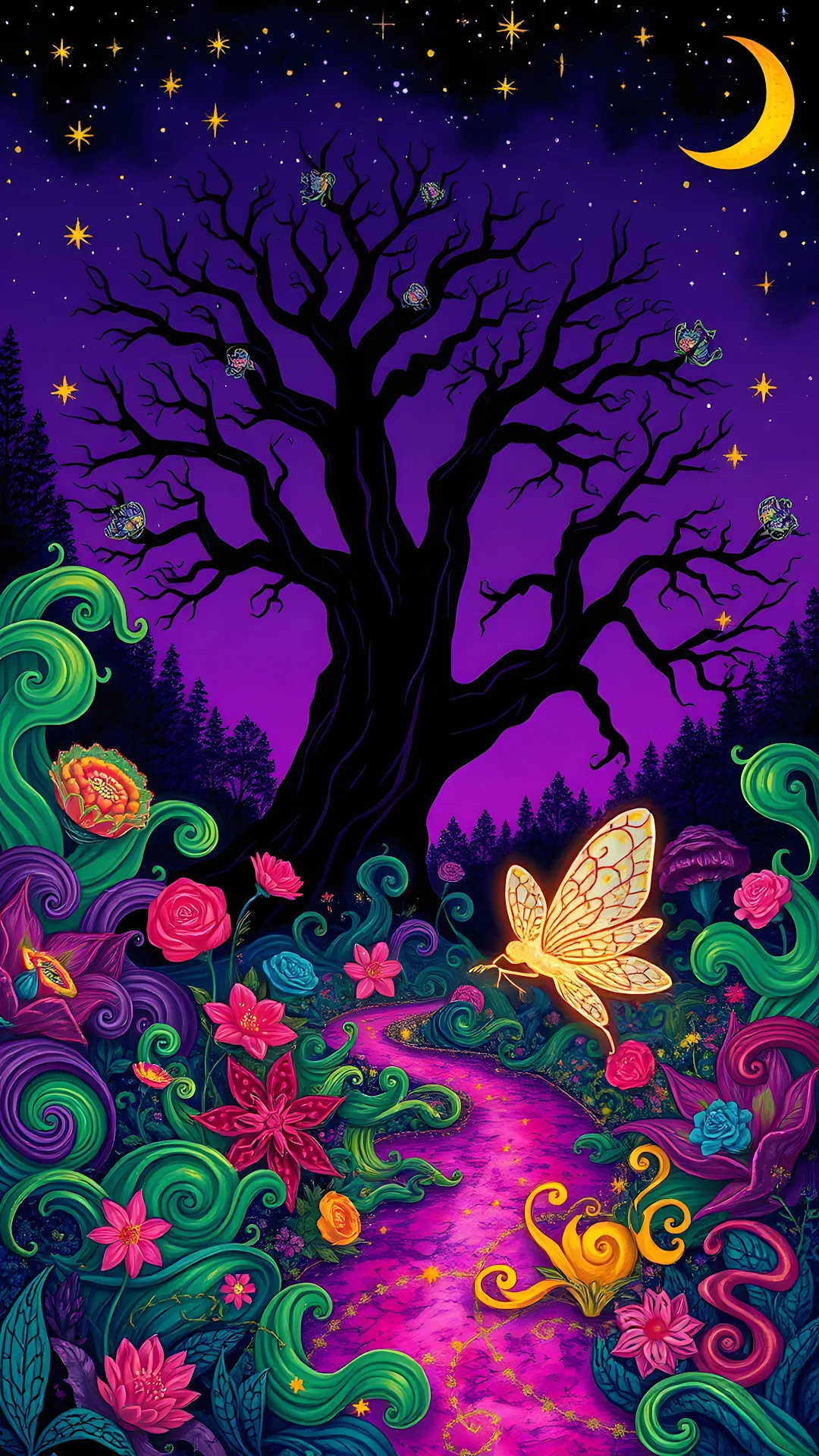Neon Glow Path in a Psychedelic Night Forest Landscape - Free 4K mobile Wallpaper