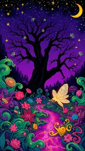 Neon Glow Path in a Psychedelic Night Forest Landscape