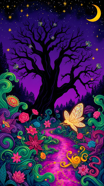 Neon Glow Path in a Psychedelic Night Forest Landscape - Free mobile Wallpaper